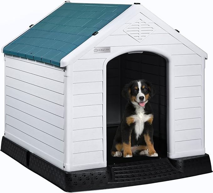 LEMBERI Durable Waterproof Plastic Dog House for Small to Large Sized Dogs, Indoor Outdoor Doghouse Insulated Puppy Shelter with Elevated Floor, Easy to Assemble (Blue, 42''L*38''W*39''H)