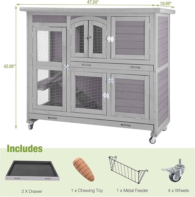 GUTINNEEN Guinea Pig Cage 2 Story Indoor Rabbit Hutch Outdoor Bunny House with Wheels and Leakproof Tray 47" L