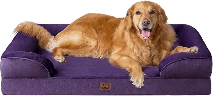 EHEYCIGA Orthopedic Dog Beds for Large Dogs, Waterproof Memory Foam Large Dog Bed with Sides, Non-Slip Bottom and Egg-Crate Foam Pet Couch Bed with Washable Removable Cover, Purple