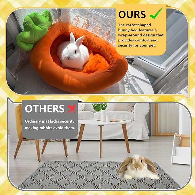 Rabbit Bed,Thick&Soft Bunny Bed with Removable Cushion,Machine Washable with Rattan Mat & Heart Decor,Cozy Warm Small Animal Sleeping Beds (Carrot Shape-L)