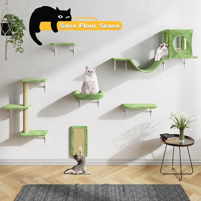 NUNU LAB Wall Mounted Cat Furniture, 6 Pcs Cat Wall Shelves with Condo House, Bridge, Steps, Scratcher, Hammock, Indoor Safe & Stable Furniture for Kittens Play, Green