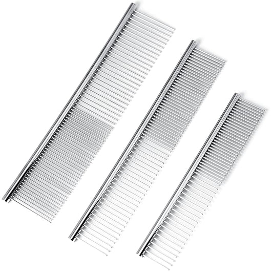 [3 Pack] Stainless Steel Pet Comb Set – Grooming Combs for Dogs & Cats, Large Medium Small Sizes – for Long, Short, Curly Hair, Detangling Matted or Knotted Undercoat Hair