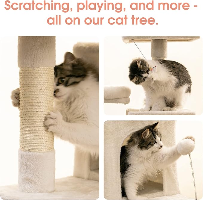 MWPO 70.1-Inch Large Cat Tree, Multi-Level Tall Cat Tower for Indoor Cats, Plush Cat Condo with Big Padded Perches, Sisal-Covered Scratching Posts, Hammock, Toys for Kittens & Cats - Beige