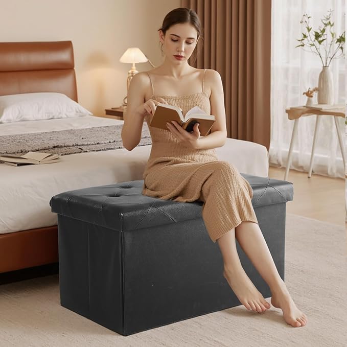 Sweetcrispy 30 Inches Folding Ottoman with Storage Bench, Foot Rest Stool, End of Bed Storage Bench Upholstered, Load 660 lbs, for Living Room, Lychee Grain Leather, Black