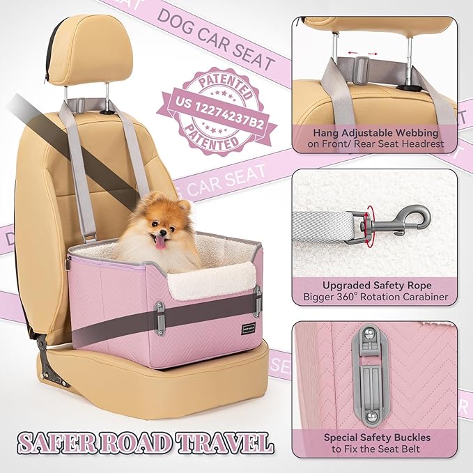 PETSFIT Dog Car Seats for Small Dogs, Portable Puppy Car Saet for Car with Clip-On Leash, Adjustable Straps Suitable for Small Pets Up to 25lbs (Light Pink)