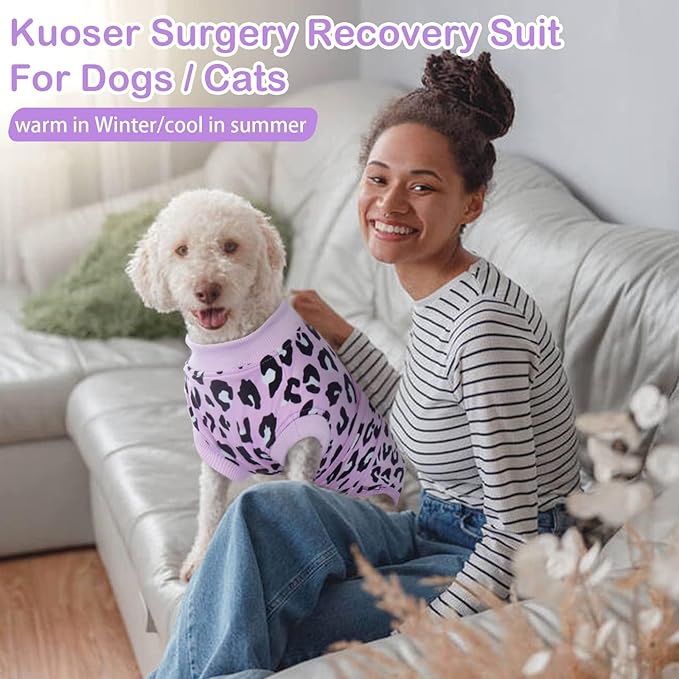 Kuoser Dog Recovery Suit for Dogs After Surgery,Professional Surgical Onesie for Female Male Dogs Spay Neuter,Soft Dog Surgery Suit Bodysuit for Abdominal Wounds Skin Disease,Purple Leopard XS