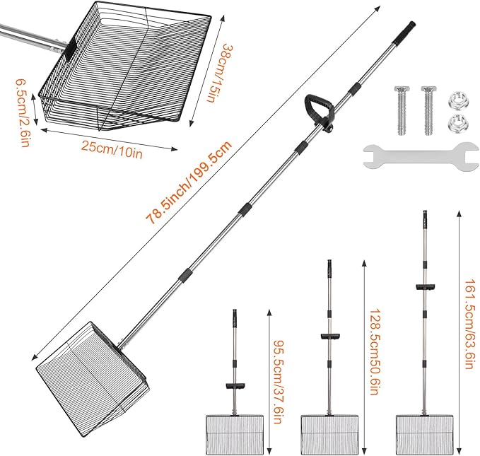 15 inch Large Chicken Poop Scooper with Ergonomic Grip, 6 in 1 Detachable Chicken Scooper for Poop Shovel (20 to 79"), Stainless Steel Sifting Shovel for Chicken Coop/Goat Stall/Stable Cleaning Tool