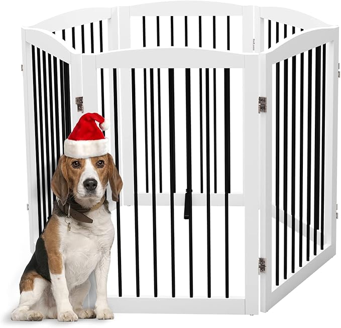 Freestanding Pet Gate for Dogs, Indoor Wooden Foldable Dog Gate for House, Extra Wide, Pet Fence for Stairs, Doorways, Halls, Support Feet Included, 120 Inch Wide, 6 Panels 32",White
