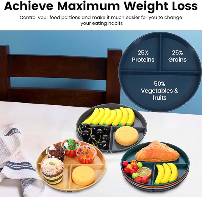 10 Pcs Unbreakable Divided Plates for Kids Adults, 9 Inch Round Portion Control Plate, 3 Compartment Plates with Dividers, Lightweight Reusable Dinnerware Portion Control Plastic, Dishwasher Safe