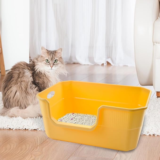 Large Low Entry Litter Box with High Sides,Plastic Cat Litter Pan Open Top Anti-Splashing Kitten Litter Box,Yellow Low Entrance Cat Toilet Easy to Clean