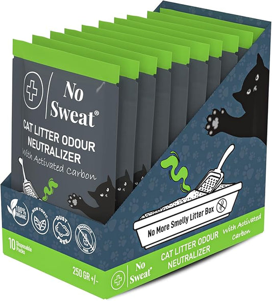 No Sweat Activated Carbon Cat Litter Odour Neutralizer- Made Of Coconut Shell -All Natural - None Chemical,Toxic Ingredients- Non-Scented-Planet Friendly-Disposable 10 Packs in One Box 250 GR