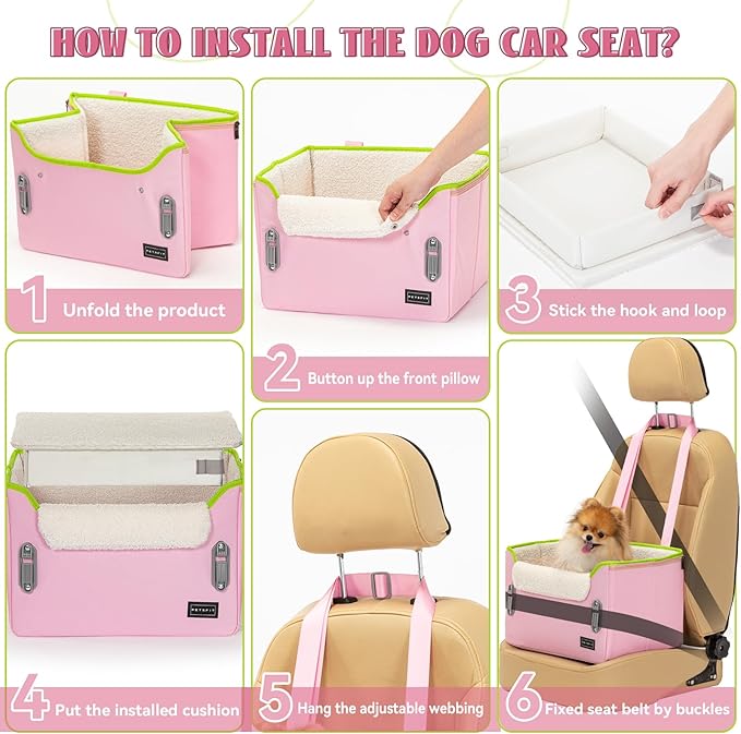 PETSFIT Small Dog Car Seat, Patent Safe Buckles Dog Booster Car Seat, Cat Car Seat with Safety Belt, Suitable for Small Pets Up to 25lbs (Pink)