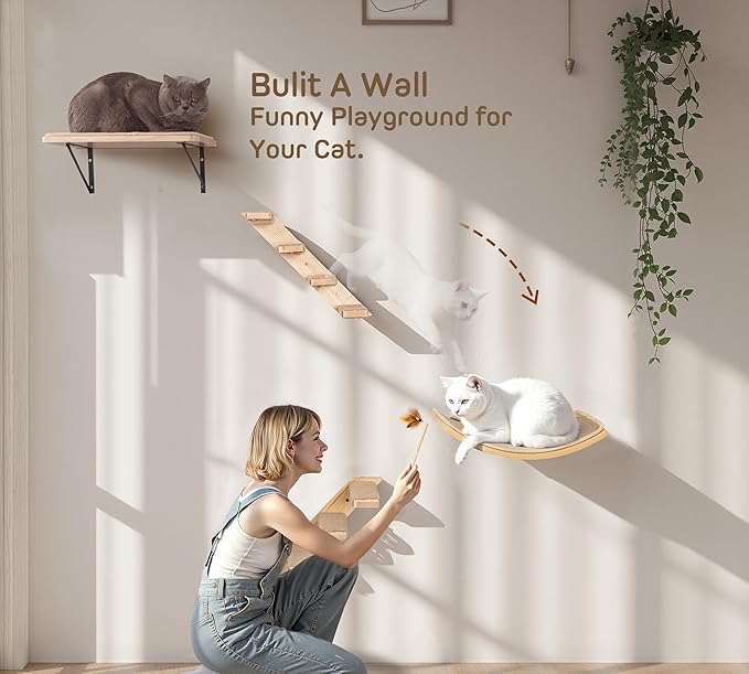 Wood Cat Wall Bed with Sisal Mat – Curved Cats Shelf for Scratching and Sleeping, Wall Mounted Cat Furniture for Large Cats