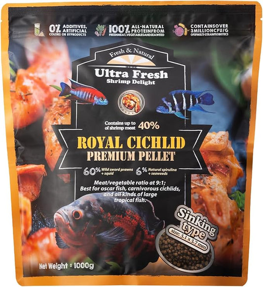 Ultra Fresh Cichlid Sinking Fish Food, Wild Sword Prawns, All Natural Ingredients, Carnivore Pellets for Large Cichlid and Tropical Fish, Royal Cichlid Premium Pellet 2.2 Pound