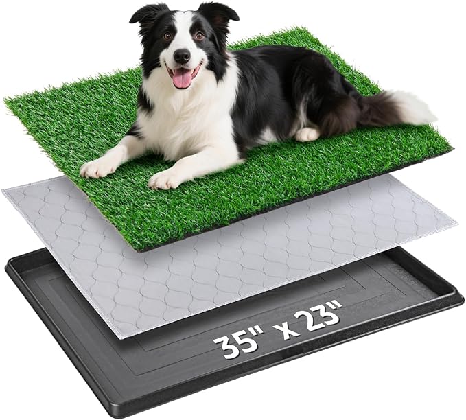 Dog Grass Pet Loo Indoor/Outdoor Portable Potty, Dog Litter Box Full Potty System with Trays, Artificial Grass Patch Balcony Mat and Washable Pee Pad for Puppy Training, Pet Toilet (Tray 35''x23'')