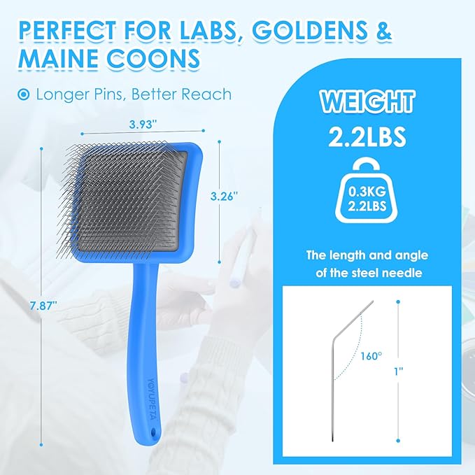 Large Slicker Brush for Dogs - 3PC Pet Grooming Kit - Undercoat Rake & Stainless Comb | Long Pins Remove Mats on Poodles, Golden, Labradoodles | Thick Coat Deshedder for Dogs, Cats, Blue