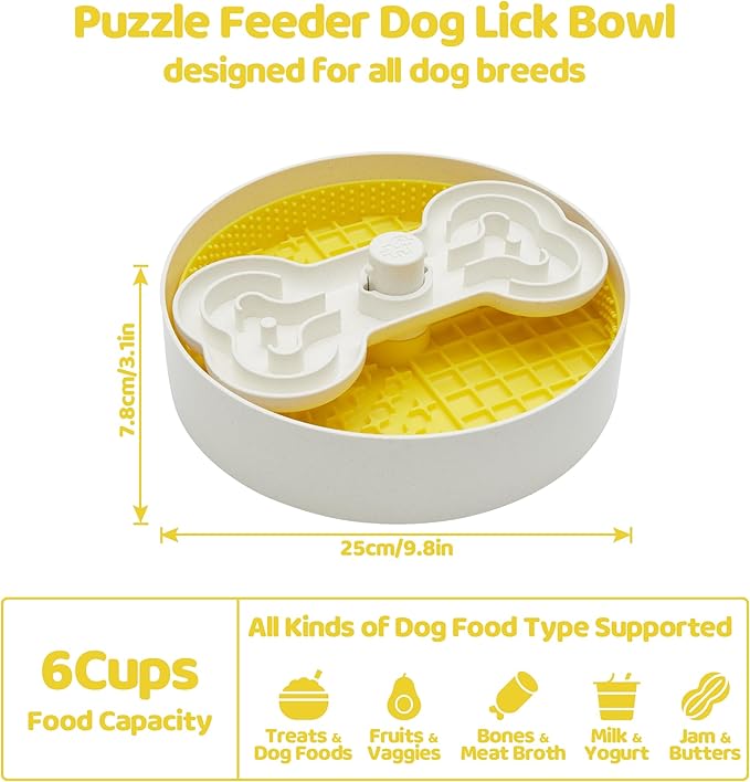 Slow Feeder Dog Bowl with Lick Mat and Puzzle Inserts - Non-Slip Base, Adjustable Speed Design, Dishwasher Safe for Large Dogs,Yellow