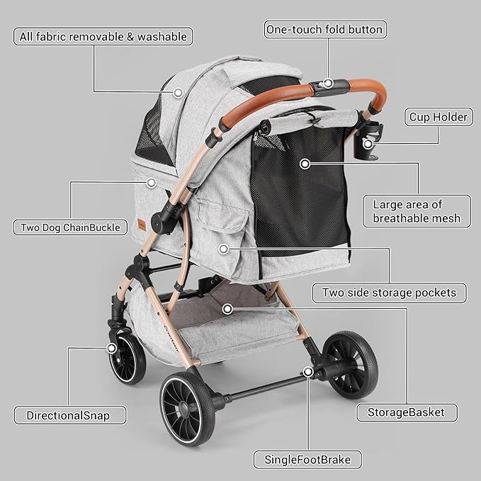 EchoSmile Small Medium Dogs Stroller 4-Wheel Pet Strollers for Medium Dogs Up to 50lbs, One Click Folding Large Cat Stroller, Reversible Handle, Shock Absorbing Wheels, Removable Washable Pad