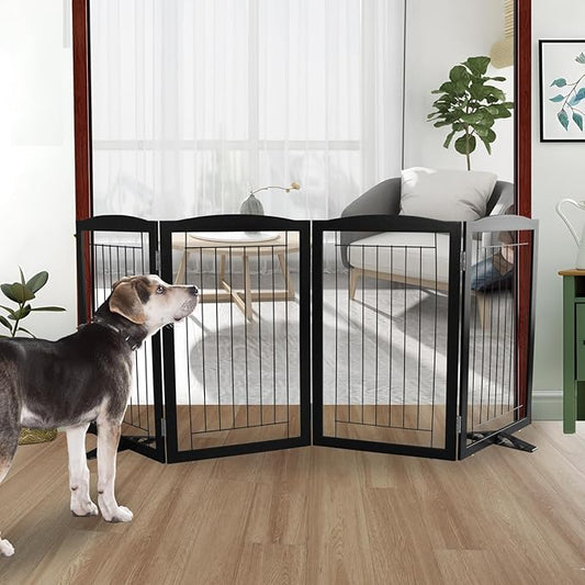 ZJSF Freestanding Dog Fence Indoor, Foldable Dog Gate for Doorways, Stairs or Hallways, Sturdy Wood Extra Wide Pet Gate with Support Feet for The House, Black, 32 "Height-4 Panels