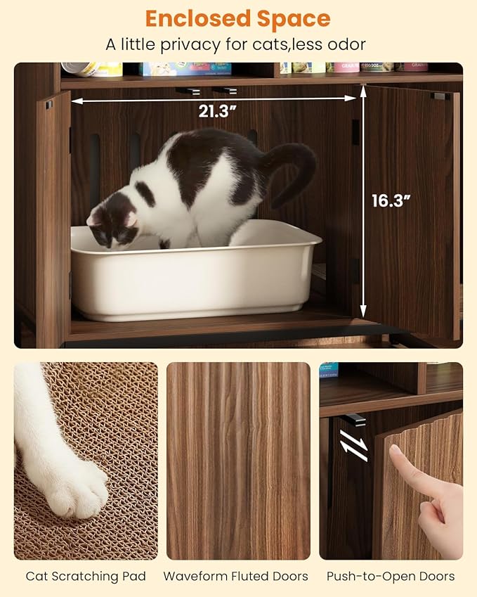 Cat Litter Box Enclosure, Large Hidden Pet Storage Cabinet Furniture with Waveform Fluted Doors & Scratching Pad, Modern Wooden Cat House Indoor for Washroom, Living Room, Bedroom, Rustic Brown