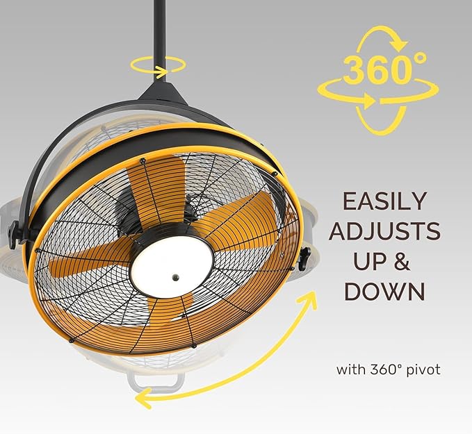 Orison 24.8'' Waterproof Outdoor Ceiling Fan, 6 Speed Ceiling Mounted Plug-In Cord Garage Fan with Remote&APP, 360-degree Manual Vertical Rotation, Hook hanging for Gazebo, Patio, Pergola (Yellow)