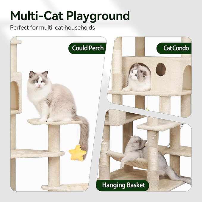 85inch Heavy Duty Cat Tree for Indoor Cats Large Adult, Tall Giant Cat Tower with Scratching Post, Large Perches, Cozy Cat Condos & Hanging Hammocks, Beige