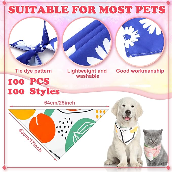 100 Pcs Dog Bandanas Bulk Pet Bibs Colorful Triangle Scarf Pet Bandanas for Medium Large Dogs Spring Summer Birthday Costume Decoration (Boho)