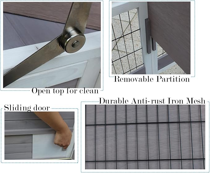 Rabbit Hutch Indoor Leakproof Bunny Cage Fir WoodenOutdoor Bunny House with Wire Floor Leakproof Plastic Tray (Grey)