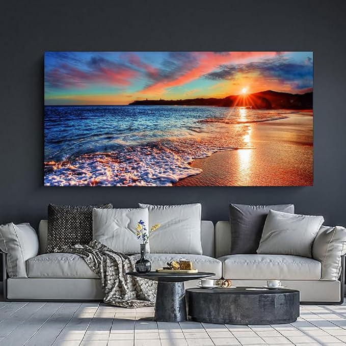 Yxbhhym-Large Pictures for Living Room Wall Art Sunset Beach Artwork for Wall Coastal Room Decor Ocean Canvas Wall Art Seascape Print Painting Sea Poster Bedroom Wall Decor Office Home Decoration