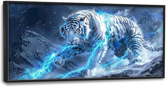 Quorin White Tiger Large Wall Art Wild Animal Pictures Lightning Tiger Wall Decor Snowy Mountain Canvas Print Painting Artwork for Bathroom Living Room Bedroom 60L x 30W