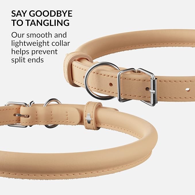 CollarDirect Rolled Leather Dog Collar, Soft Padded Round Puppy Collar, Handmade Genuine Leather Collar Dog Small Large Cat Collars 13 Colors (8-11 Inch, Beige Smooth)