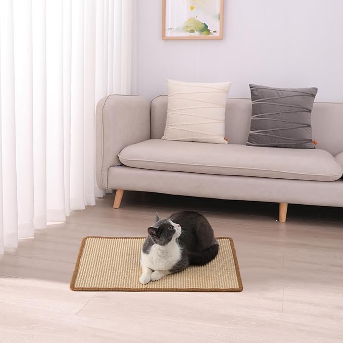 FUKUMARU Cat Scratcher Mat, 23.6 X 15.7 Inch Natural Sisal Cat Scratch Mats, Horizontal Cat Floor Scratching Pad Rug with Sticky Tapes, Protect Sofa and Carpet