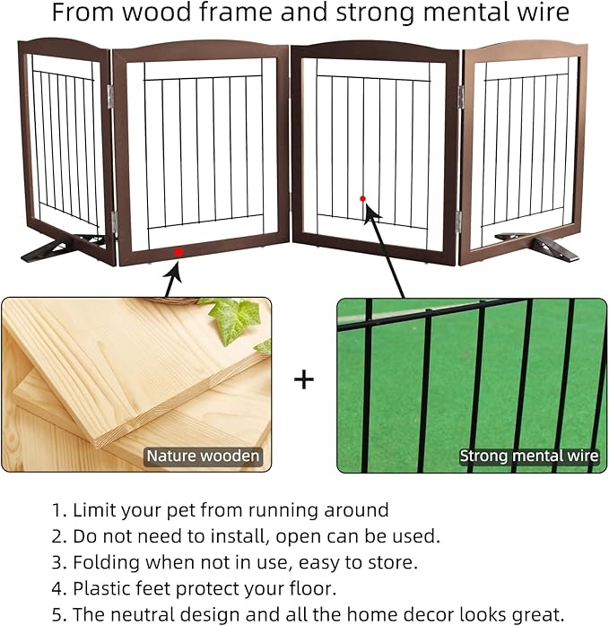 ZJSF Freestanding Dog Fence Indoor, Foldable Dog Gate for Doorways, Stairs or Hallways, Sturdy Wood Extra Wide Pet Gate with Support Feet for The House, Brown, 32 "Height-4 Panels