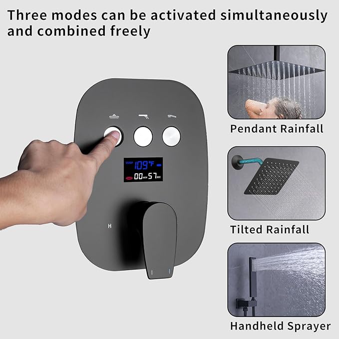 Shower Faucet Set Matte Black Temperature Display Shower System, Push Button Shower Faucet with Dual Rain Shower Head(12 inch+8 inch), and Handheld Shower