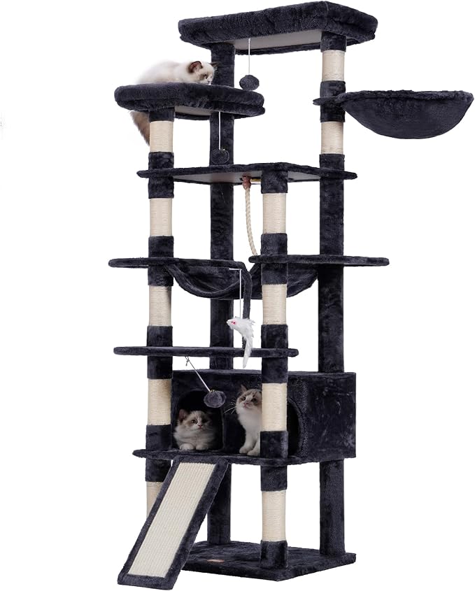 Heybly Tall Cat Tree, 78-inch Multi-Level Cat Tower for Indoor Cats, 2 Widened Plush Perches Cat Condo with Scratching Board and Big Caves, Smoky Gray HCT033G