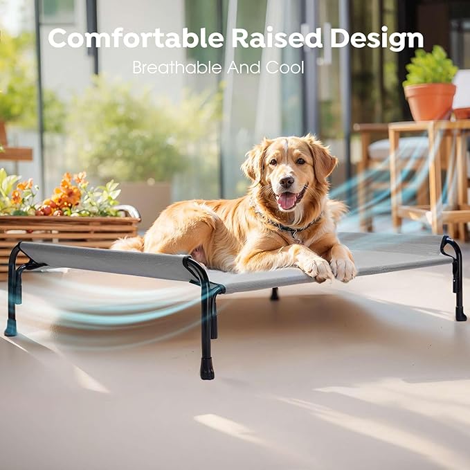 Veehoo XL Outdoor Elevated Dog Bed, Raised Dog Cot for Extra Large Dogs, Cooling Washable Waterproof Pet Hammock Beds with Slope Headrest, Breathable Mesh and Sturdy Frame, X-Large, Grey, CWC2204