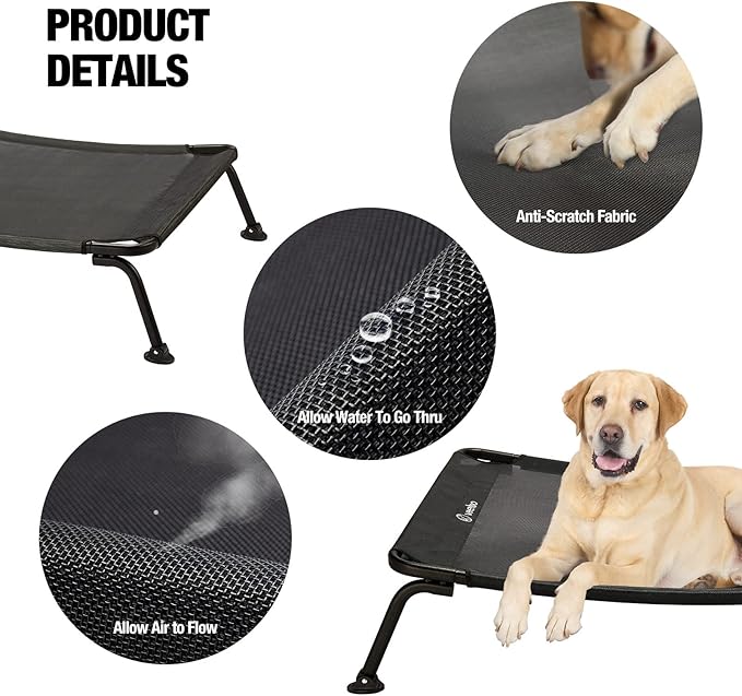 Veehoo Outdoor Elevated Dog Bed, Cooling Raised Dog Cot Bed XL, Portable Waterproof Curved Dogs Hammock Beds for Outside, up to 150lbs, Black Legs, Black 49"