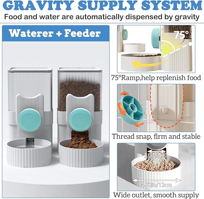kathson Rabbit Gravity Auto Feeder Set 35oz Hanging Automatic Food Water Dispenser Cage Automatic Feeder Set for Rabbit Chinchilla Guinea Pig Hedgehog Ferret Kitty Puppy (Blue)