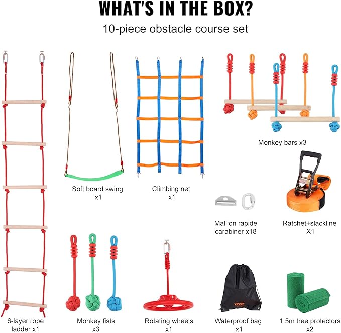 VEVOR Ninja Warrior Obstacle Course for Kids, 1 x 50 ft Weatherproof Slacklines, 500lbs Weight Capacity Monkey Line, Outdoor Playset Equipment, Backyard Toys Training Equipment Set with 10 Obstacles