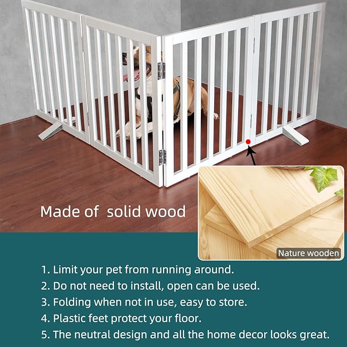 ZJSF Freestanding Indoor Dog Gate for House Foldable Wood White Puppy Gate for Doorways Pet Gate for Stairs Extra Wide Pet Fence 24" Height 4 Panels