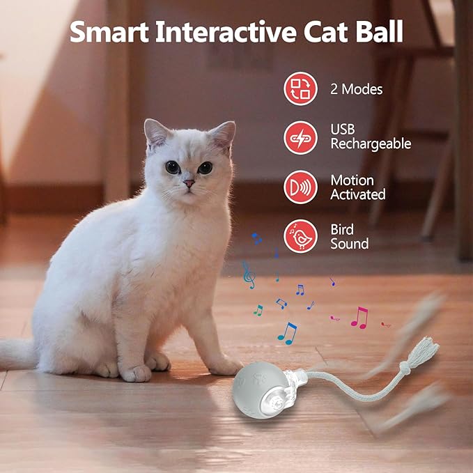 Interactive Cat Toys, Automatic Moving Cat Toy for Bored Indoor Adult Cats, Fast Rolling, Chirping & Motion-Activated Cat Toys, Fun Gift for Cats with Speedy Tail 2.0, USB Rechargeable(Gray)