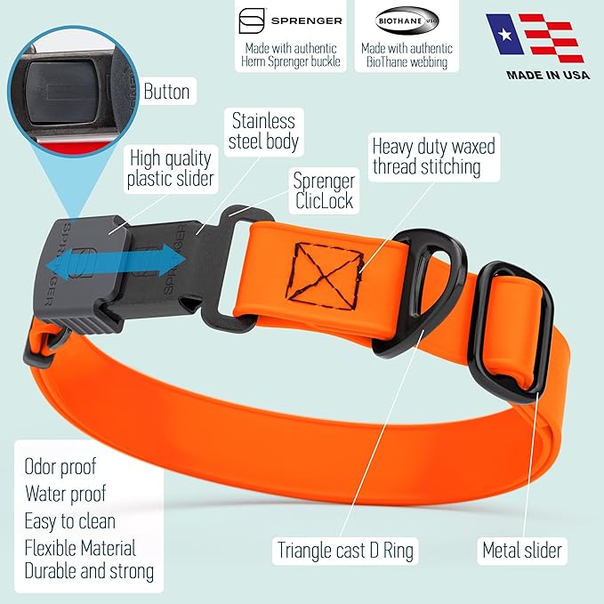 Dogline Biothane Waterproof Dog Collar with Herm Sprenger Stainless Steel Quick Release Buckle – Heavy Duty Tactical Durable Collar for Dogs – Comfortable and Safe Pet Collar, W 1" L 15-25", Orange
