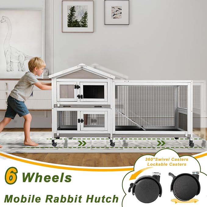 Rabbit Hutch Outdoor Indoor Bunny Hutch with Run 2-Story Large Rabbit Cage on 6 Wheels, 3 Leak Proof Trays, Ramp, Waterproof Roof for Small to Medium Animals, Expandable Design