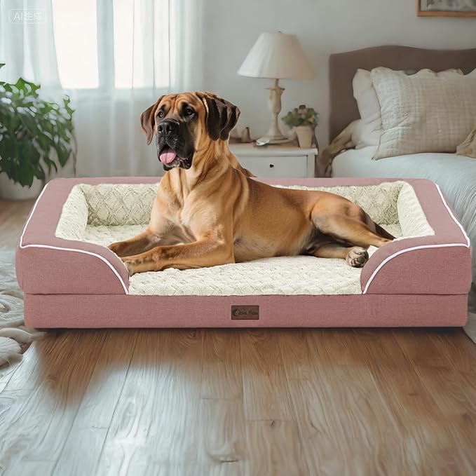 Orthopedic Dog Beds, Waterproof Memory Foam Large Sized Dog Bed with Sides, Non-Slip Bottom and Egg-Crate Foam Big Dogs Beds with Removable Washable Cover(Large,Pink)