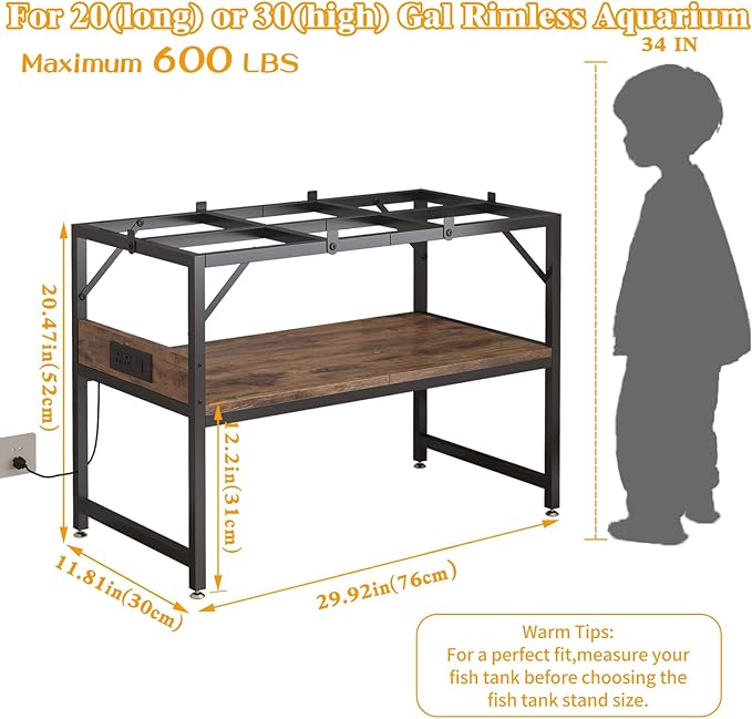 Modern 20 Gallon Long Fish Tank Stand for Home Office, 2-Tier Aquarium Stand with Shelf for Storage, Fish Tank Table 30" x 12" x 20.5", Ideal for Breeder Tanks,and Reptile Terrariums, Rustic Brown
