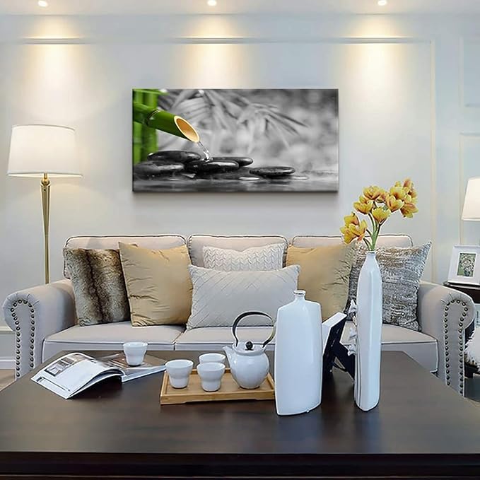 Yxbhhym Canvas Wall Art Living Room Black and White Wall Art Zen Poster Prints Green Wall Decor Stone Meditation Pictures for Office Kitchen Decoration Bedroom Wall Décor Framed Large Art