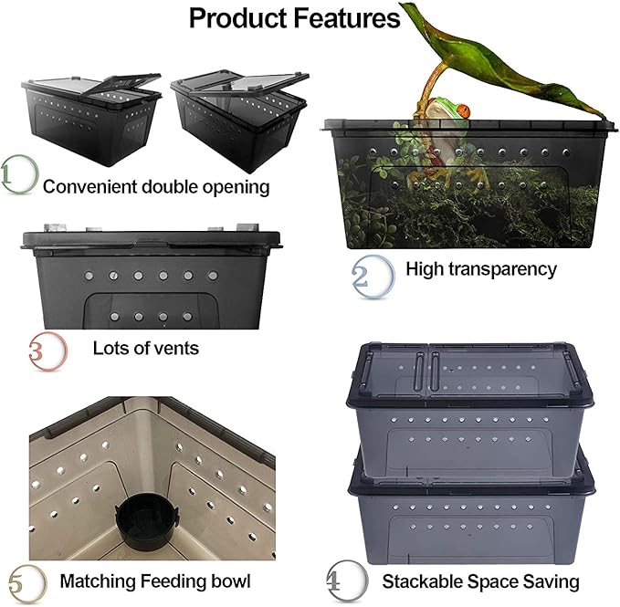 kathson Reptile Feeding Box Portable Small Snake Terrarium Habitat Mini Pet Breeding Cage Hatching Container Transparent Lizard Houses for Tarantula Spider Scorpion Gecko Frog 2PCS (Black)