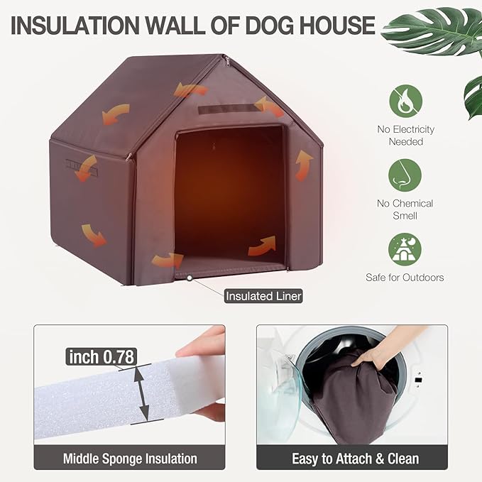 Dog House with Insulated Liner Outdoor Indoor All-Around Iron Frame Design Dog House with Porch＆Raised Feet for Small Medium Large Dogs（Brown）
