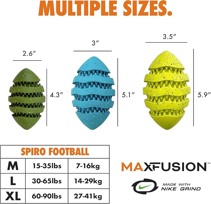 Max Fusion with Nike Grind, Arlee Spiro Football Treat Dispensing Dog Toy, Durable Dog Treat Toy, M