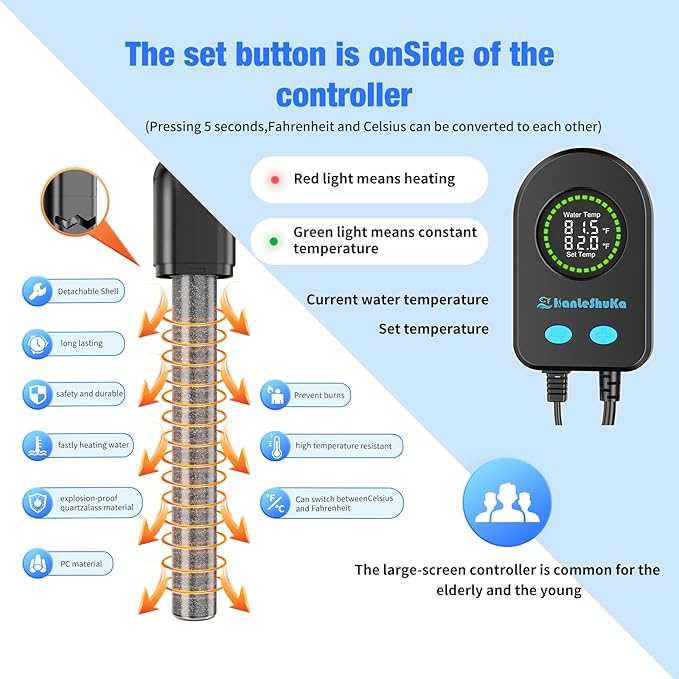 Submersible Aquarium Heater 100W/200W/300W/500W, Fish Tank Heater with high-Temperature Protection and Turtle Tank Heater with Automatic Power-Off When Leaving seawater or Freshwater.